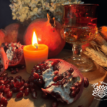 My Autumn Equinox ritual honoring Persephone with pomegranates wheat wine and dried autumn hydrangeas