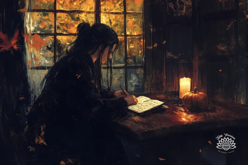 Samhain Journal Prompts. Image of witch with long hair writing journaling prompts in their grimoire during late autumn.