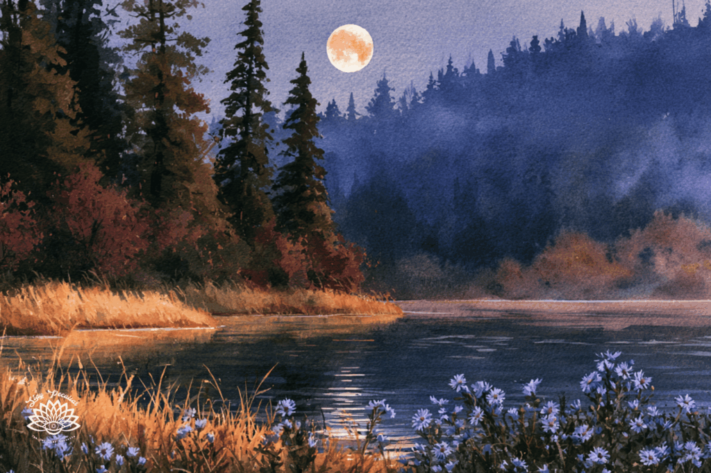 September Full Moon Colors Correspondences for the Harvest Moon; image of a full moon over a calm lake during the month of September. The colors perfectly capture all of the color correspondences of Golden Yellow, Aster Purple, Russet (dark brown-red), Moss Green, Burgundy, and Deep Blue
