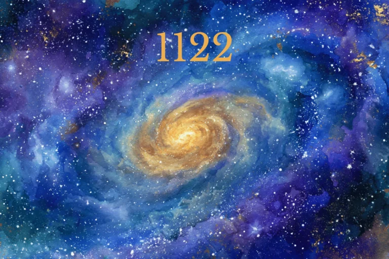 1122 Angel Number meaning. Watercolor illustration of a spiral galaxy with a bright golden center, swirling blue and purple arms, scattered stars, and soft watercolor edges fading into the background. The artwork was chosen to represent the expansive, reflective nature of Angel Number 1122 and its message of growth and new beginnings.