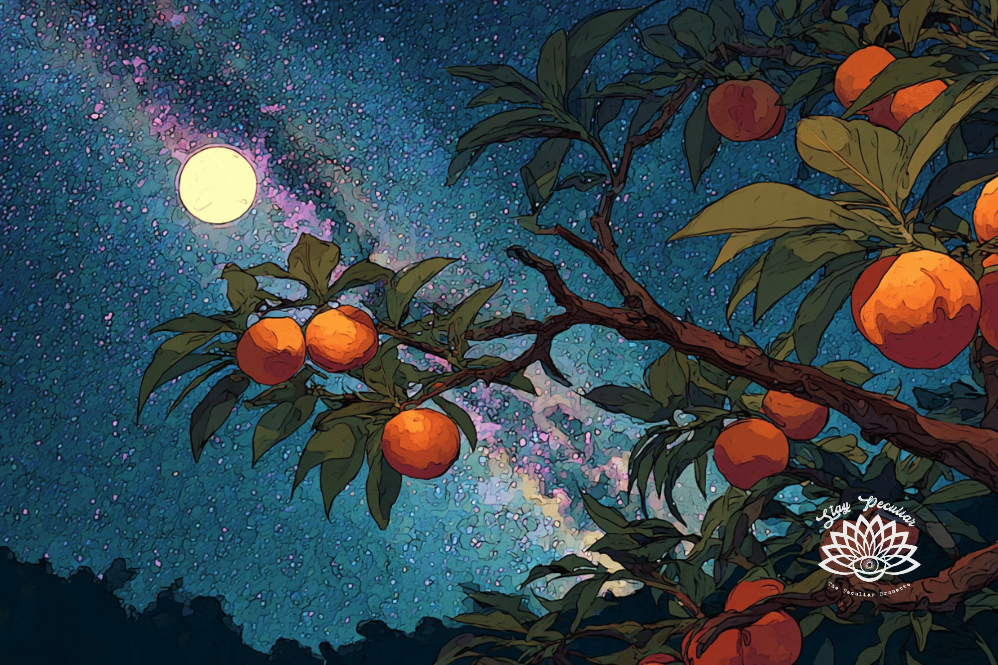 August Sturgeon Moon shining on a ripe peach tree. The milky way glows in the night sky above.