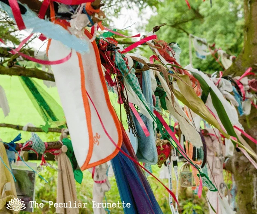 Sacred Wells of the Goddess Brigid. Bits of cloth, called clooties, tied to trees or placed on stones.