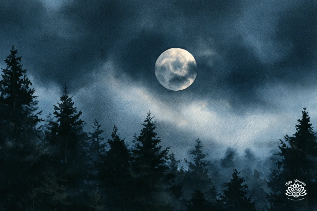 Does Moon Water Need Direct Moonlight: Image of a moody PNW evergreen tree landscape with a cloudy night sky partially covering a full moon