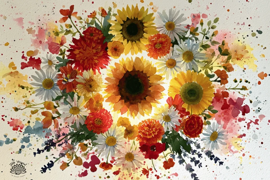 How Do Pagans Celebrate Litha, spray of summer flowers representing the summer solstice sun. It's bursting with sunflowers, calendula, lavender, and white daisies.