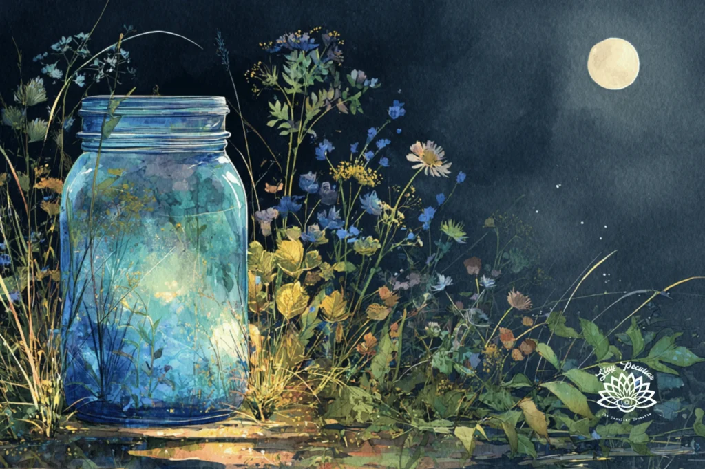 How To Make Moon Water: Image of a blue glass mason jar set outside and surrounded by plants and wildflowers beneath a full moon.