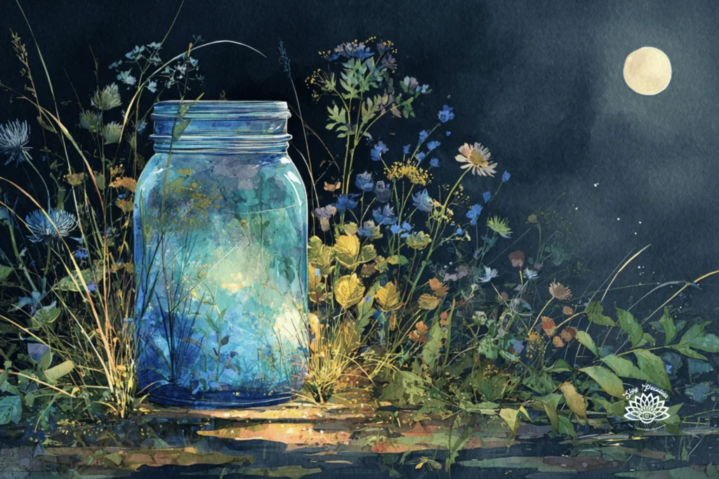 How to Use the Blue Moon’s Energy By Making Moon Water. Image is a Blue Mason Jar nestled in a small patch of May wildflowers at night catching the energy of the Full Blue Moon.