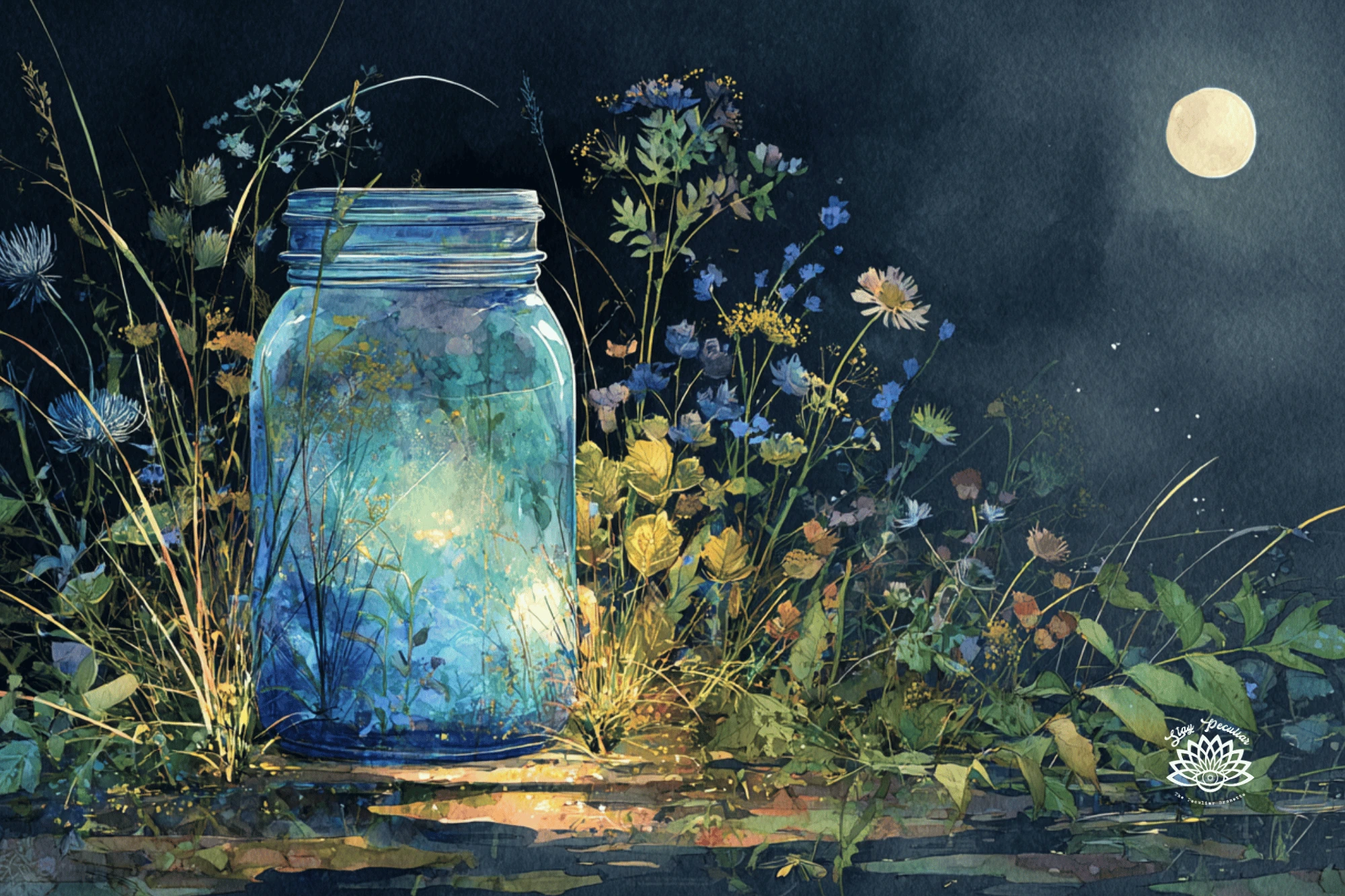 How to Use the Blue Moon’s Energy By Making Moon Water. Image is a Blue Mason Jar nestled in a small patch of May wildflowers at night catching the energy of the Full Blue Moon.