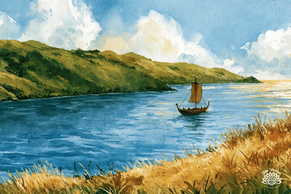"Litha means 'gentle' or 'navigable', because in both these months the calm breezes are gentle, and they were wont to sail upon the smooth sea." Image of a sail boat gliding across a smooth sea. A green rolling hillside is in the background and tall grass in the foreground.