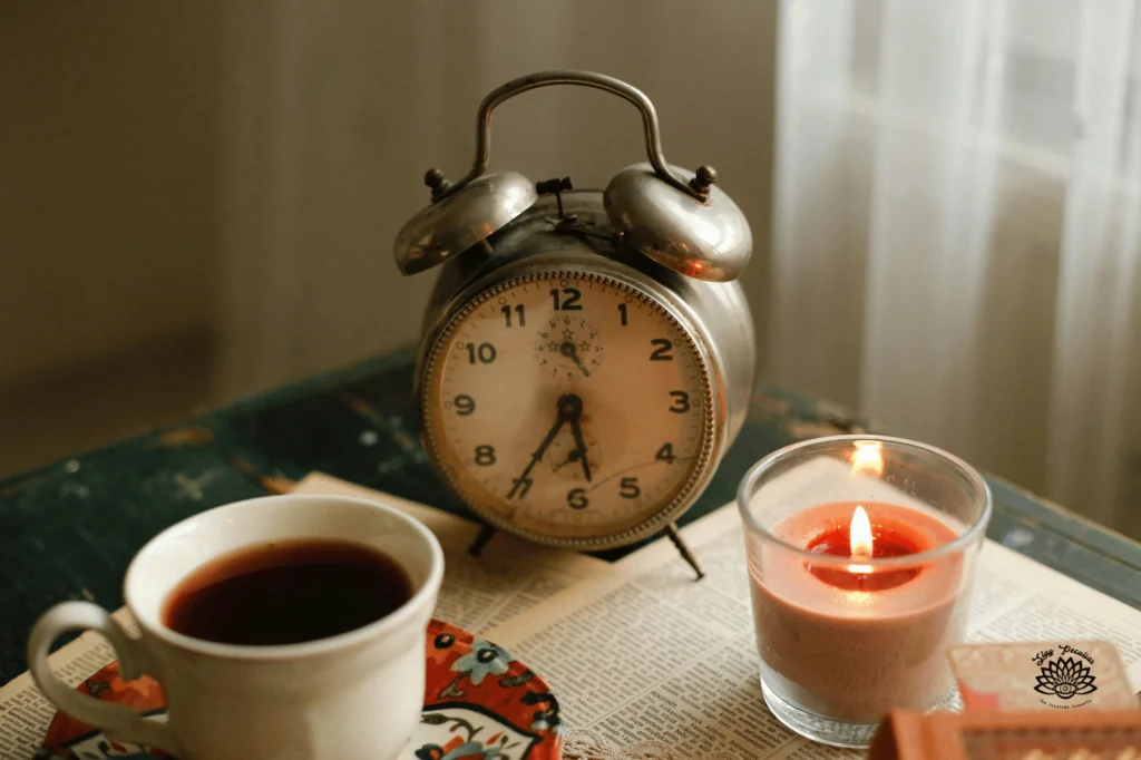 Numerology on Alarm Clock showing 536. It's a cozy scene also featuring a cup of coffee and a small lit orange votive candle.