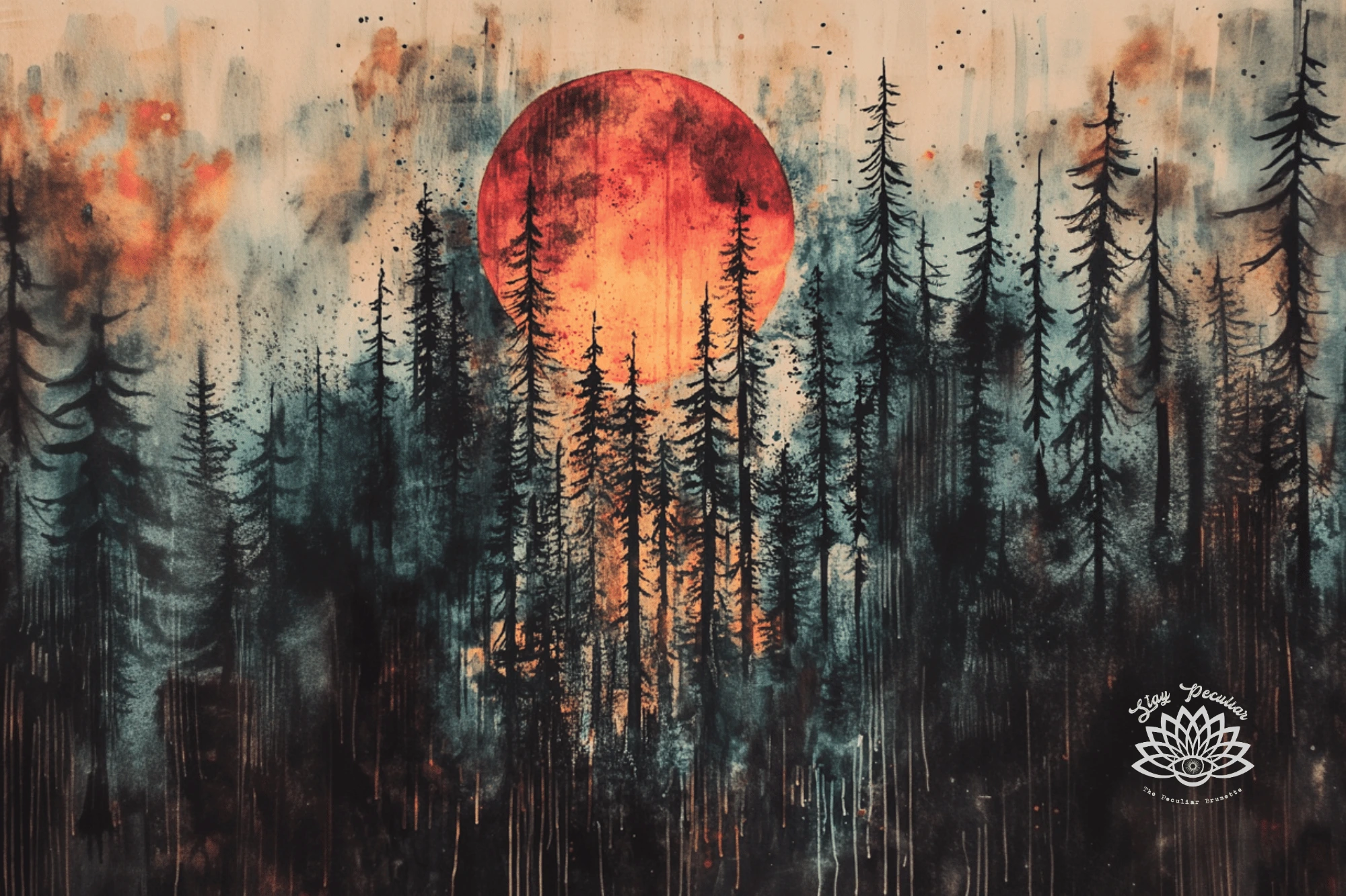October Full Moon Spiritual Meaning and Ritual Celebration; watercolor image of an evergreen forest with a large reddish-orange full moon rising above it.
