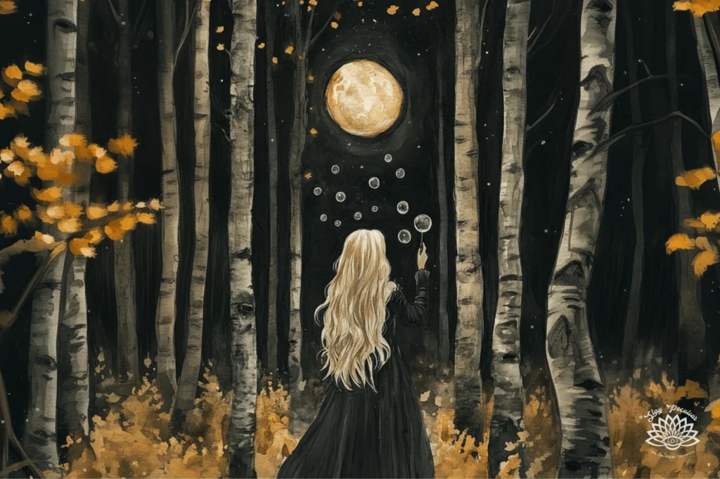 September Full Moon Bubble Release Ritual; image of a witch with long blonde hair blowing bubbles in an autumn forest beneath the September full moon