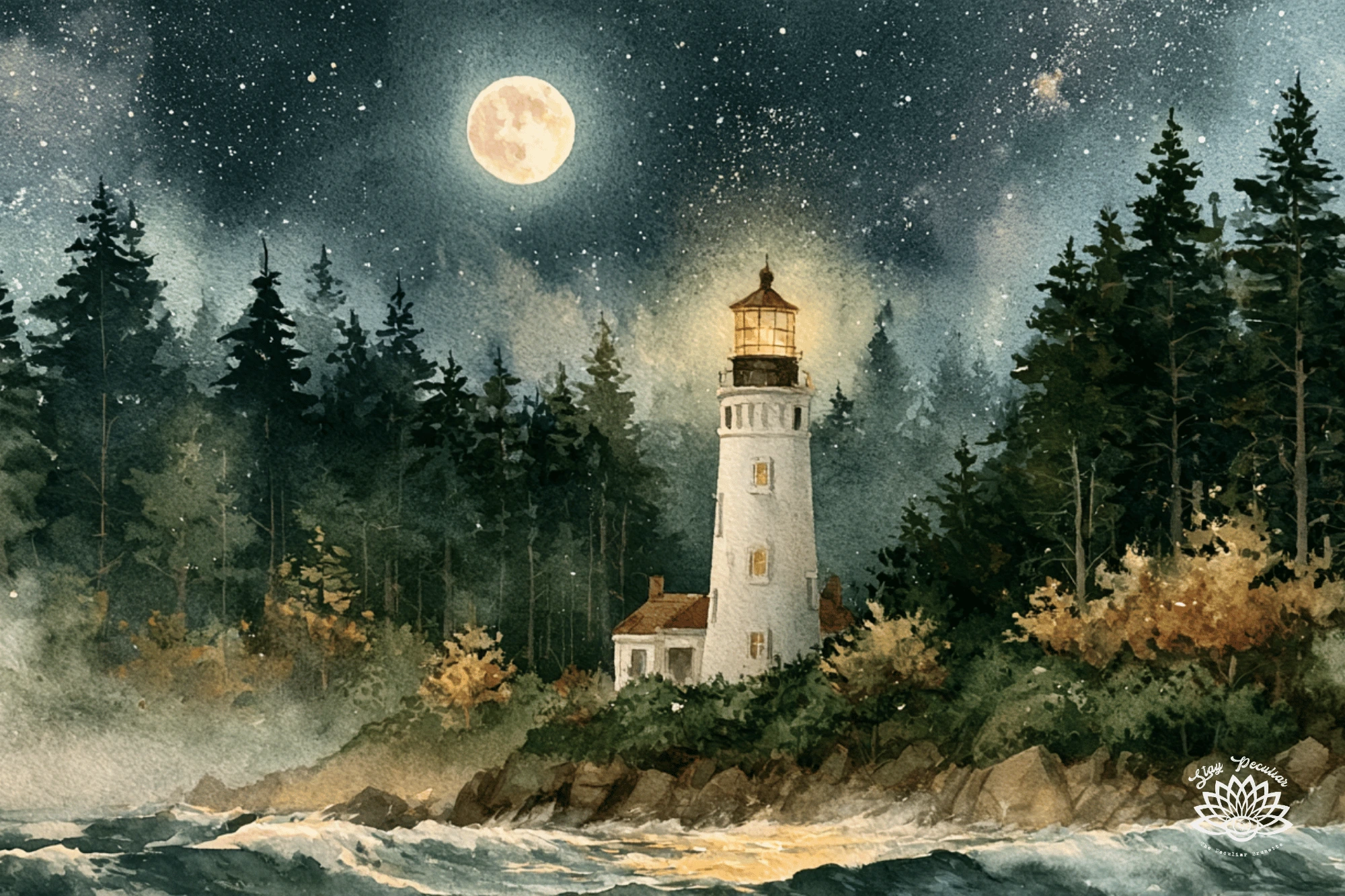 September Full Moon Harvest Moon Spiritual Meaning & Rituals; image of a PNW coastline at night during September. Calm waves in the foreground with a large looming lighthouse in the center. The September full moon shines brightly in the sky above.