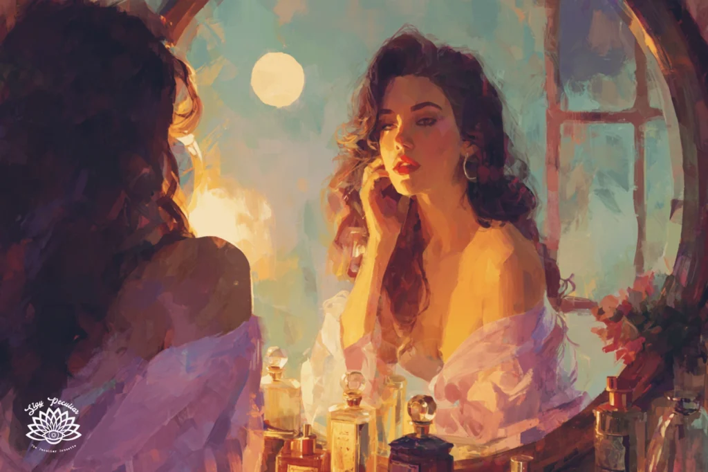 Strawberry Moon Glamour Ritual. Brunette Woman with wavy hair looking at herself in an antique vanity mirror while wearing a lavender colored dress. The June's full moon is reflecting in the mirror from the outside window.