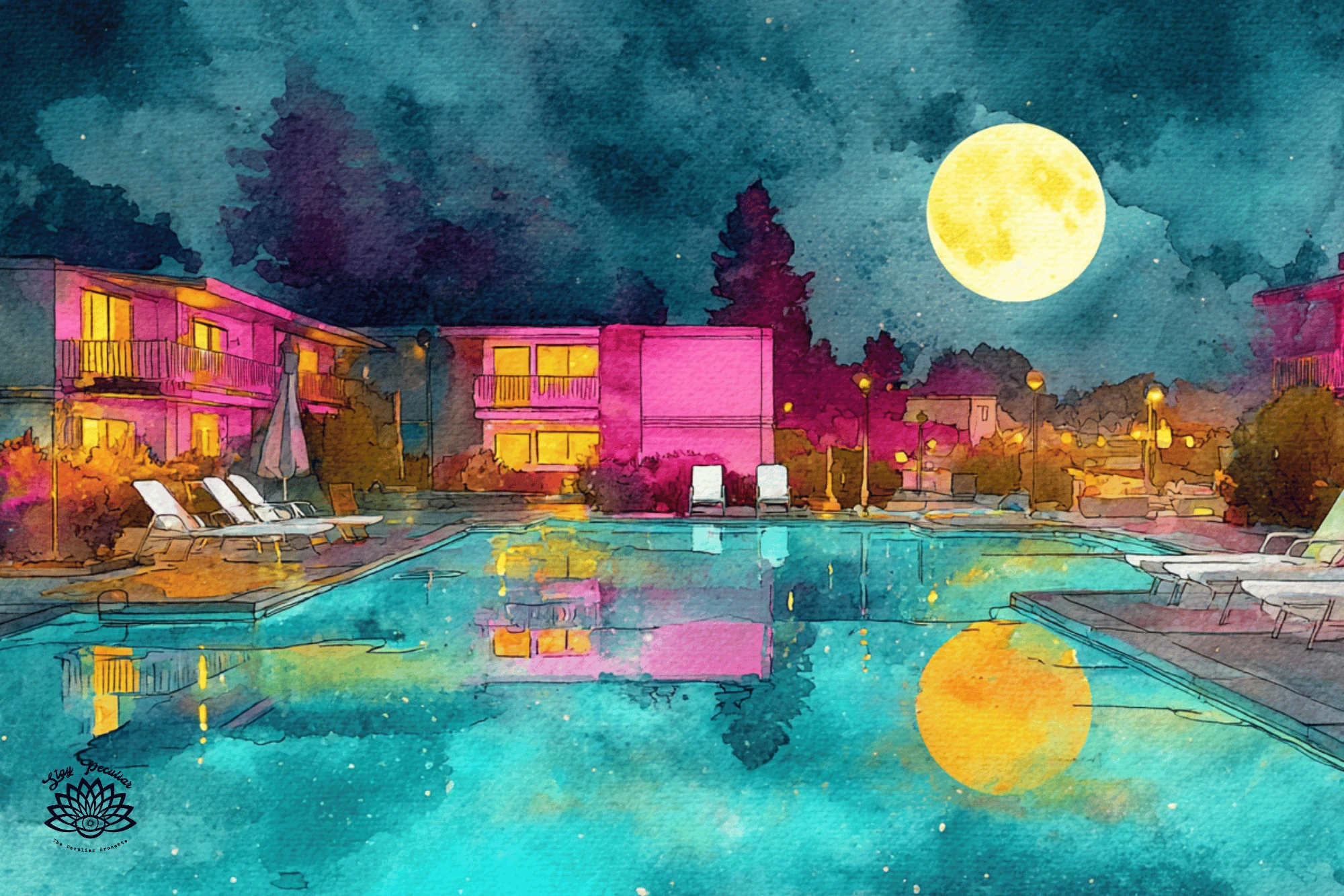 Strawberry Moon Spiritual Meaning. Watercolor image of a roadside motel pool under June's full moon. Meant to embody the spiritual intentions of wonder, radiance, sensuality, liberation, curiosity, devotion, expansion, and momentum.