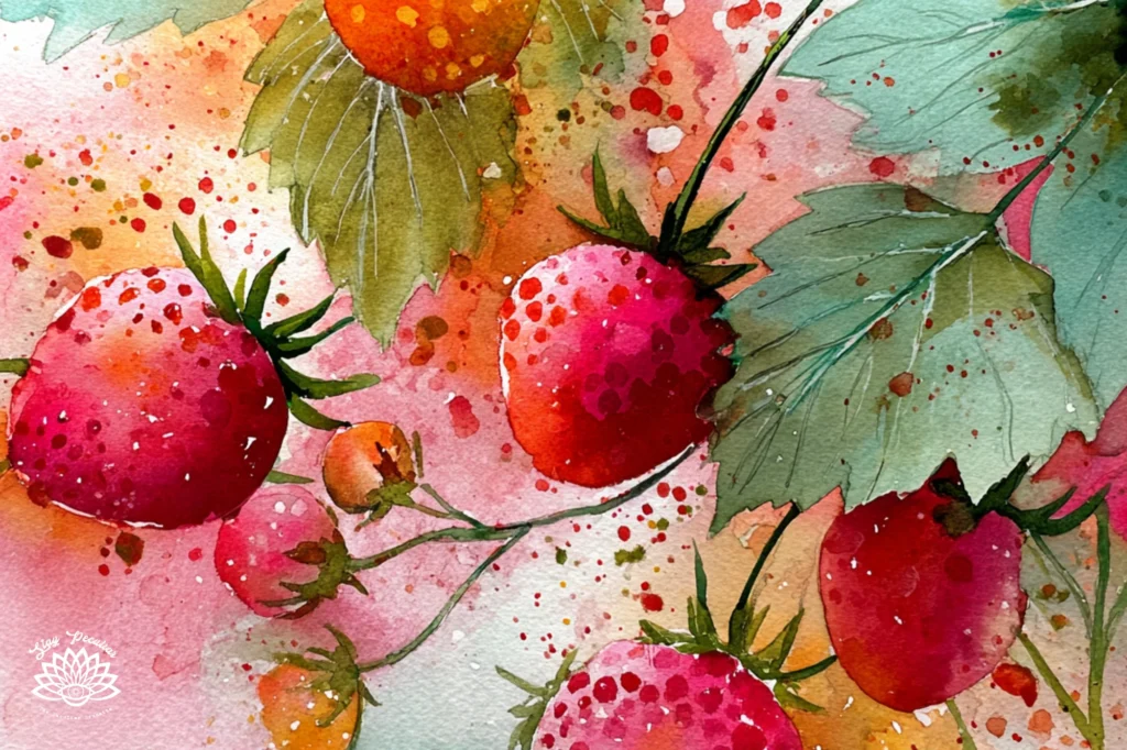 Strawberry Moon Water Ritual For Love and Luck. Watercolor image of wild strawberries. Splashes of colors in strawberry red, sunset orange, and sage green.