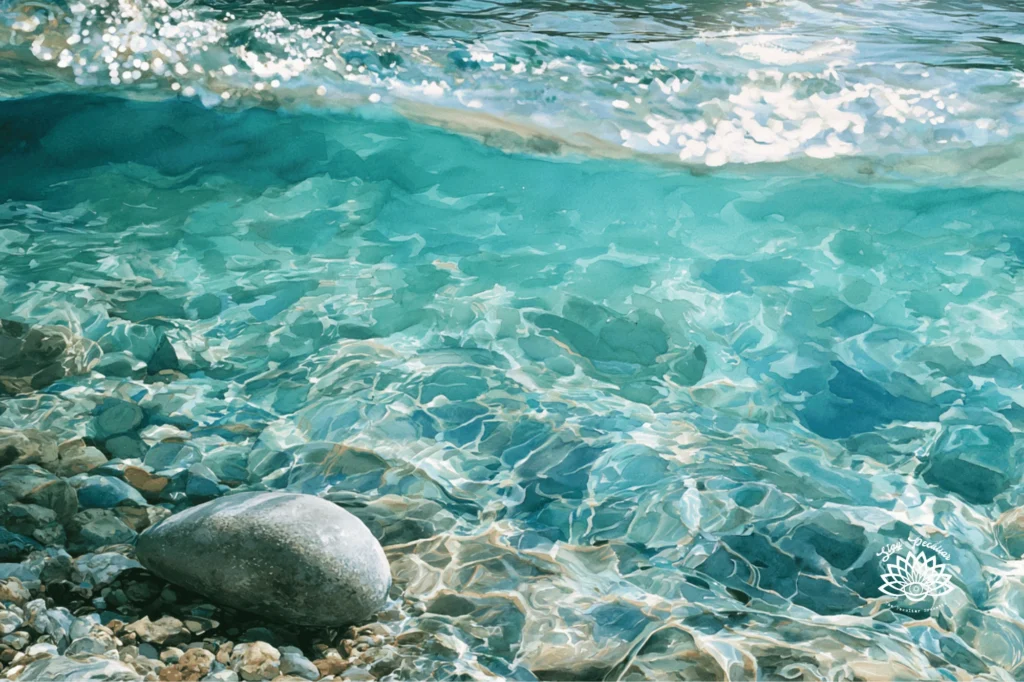 Sturgeon Moon River Stone Ritual; image of a smooth river rock stone beneath the surface of a aqua blue river bed.