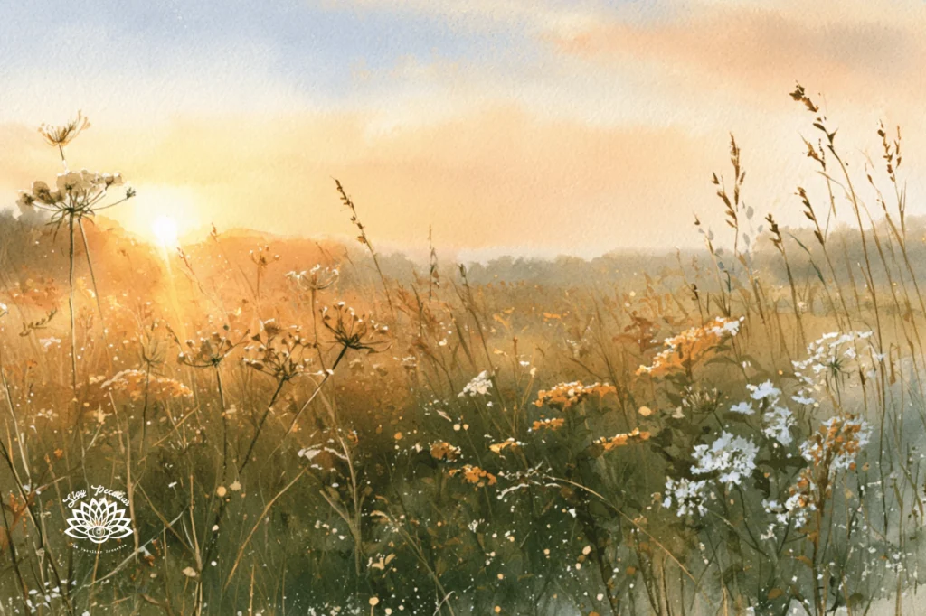 Sturgeon Moon Spiritual Correspondences; watercolor image of the sun setting on a warm august day. It showcases beautiful late summer flowers and fields.
