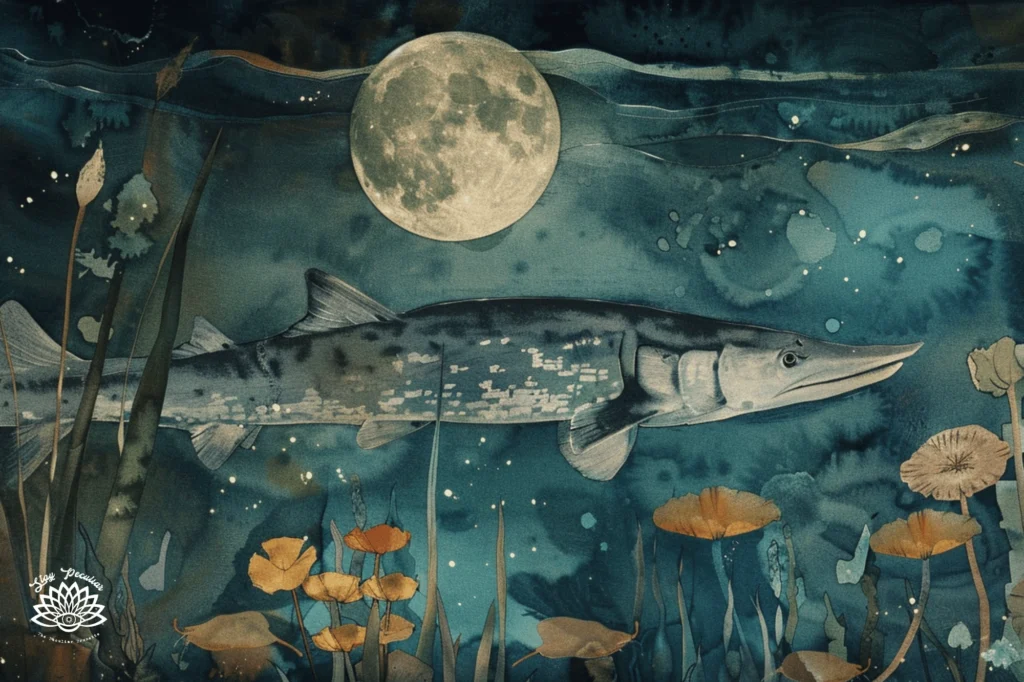 Sturgeon Moon Spiritual Meaning and Rituals; watercolor image of a sturgeon moon beneath a river bed with August's full moon shining above.