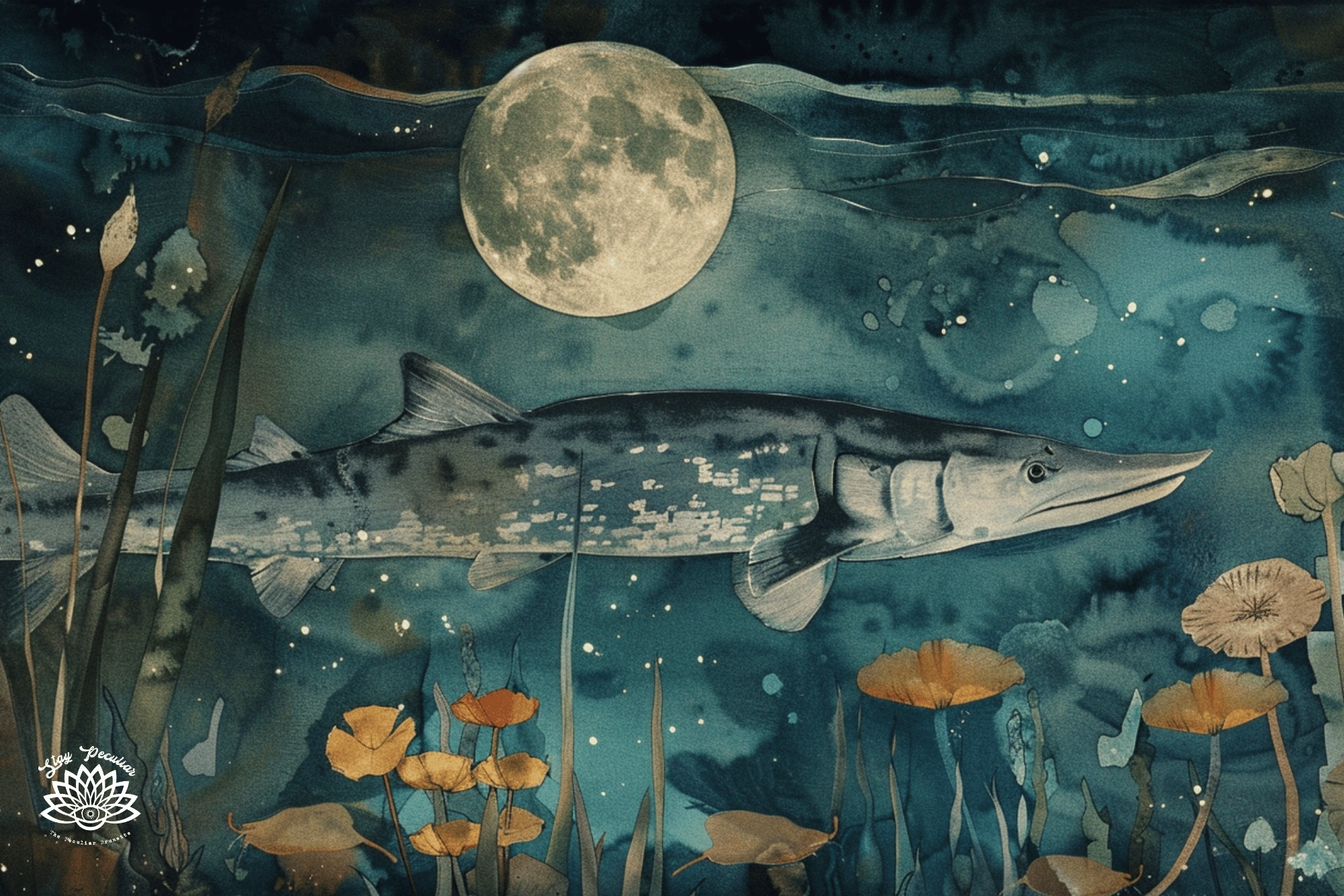 Sturgeon Moon Spiritual Meaning and Rituals; watercolor image of a sturgeon moon beneath a river bed with August's full moon shining above.