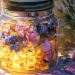 Summer Solstice Spell Jar for Creativity and Good Luck. Image of a clear glass jar filled with citrine chips, lavender, and rose petals. The sunlight spills through an open window and makes the jar appear to glow.