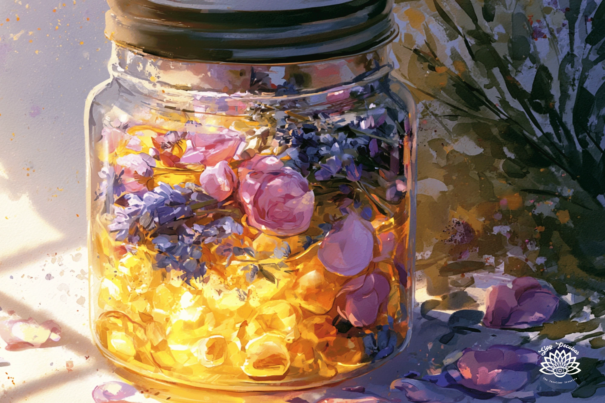 Summer Solstice Spell Jar for Creativity and Good Luck. Image of a clear glass jar filled with citrine chips, lavender, and rose petals. The sunlight spills through an open window and makes the jar appear to glow.