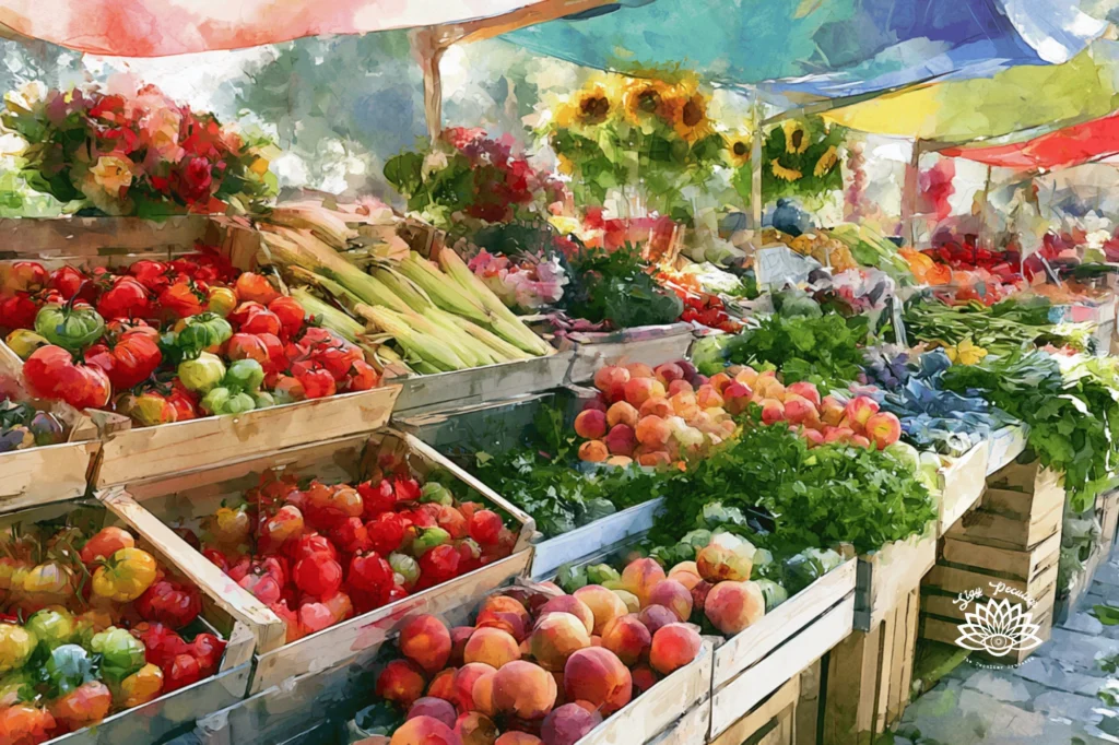 What Is Lughnasadh; image of a farmers market with colorful canvas awnings providing light shade. Wooden crates overflow with colorful heirloom tomatoes, sweet corn, peaches, apples, fresh herbs, leafy greens, and seasonal vegetables. Sunflowers and fresh flower bouquets brighten the market stalls.