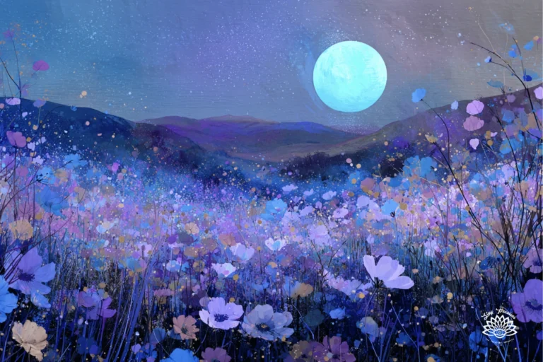 What Is a Blue Moon 2026? Image of a full moon rising over a field of wildflowers. It's night and the whole image is washed in a blue and purple color.