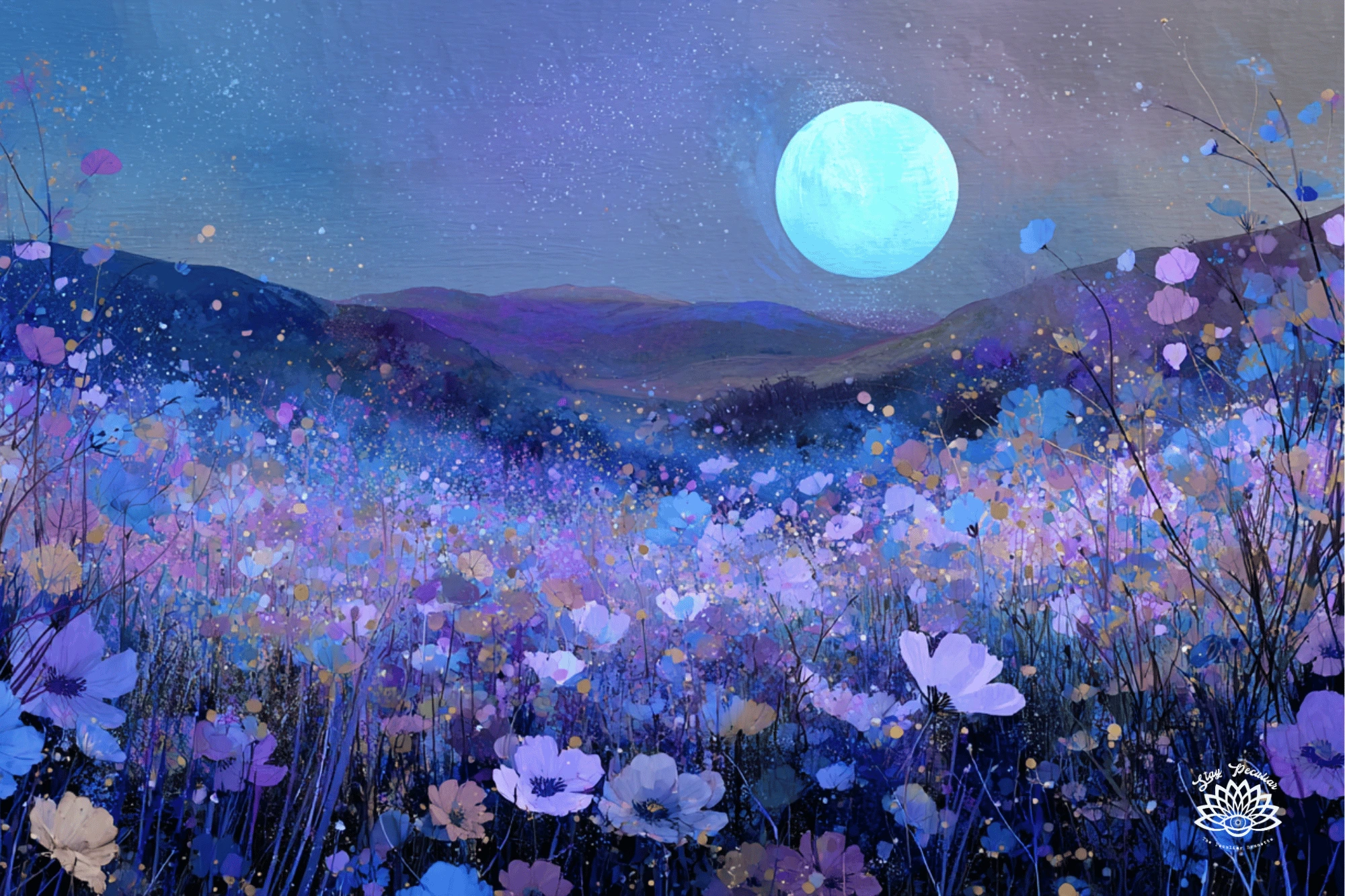 What Is a Blue Moon 2026? Image of a full moon rising over a field of wildflowers. It's night and the whole image is washed in a blue and purple color.