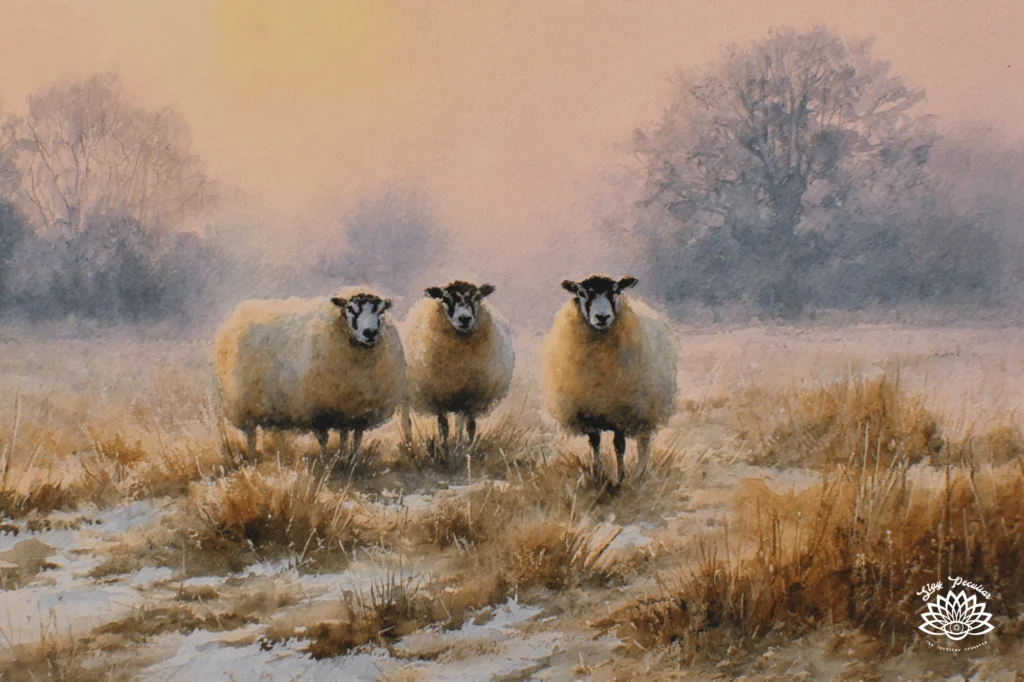 Three sheep standing in a field during midwinter. Trees are in the distance. The sun is rising and the sky is slightly pink.