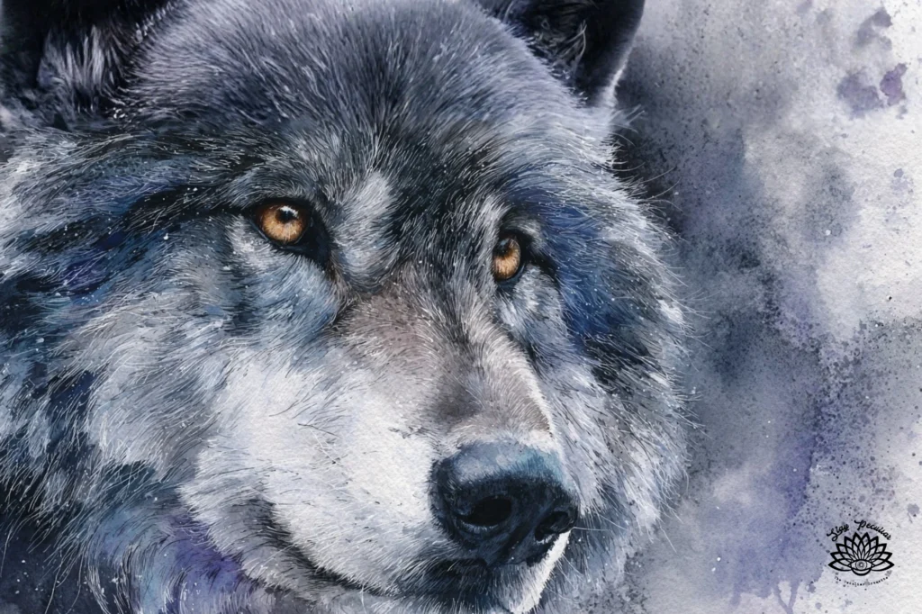 What is Lupercalia. Up close image of a large wolf with amber gold eyes.