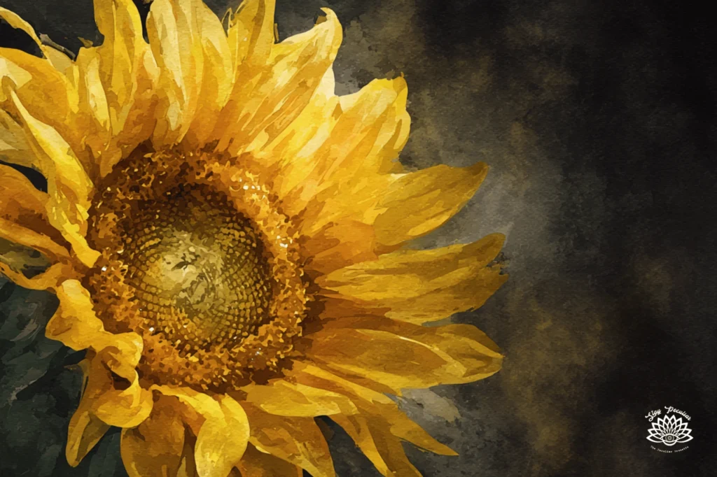 What is Numerology image of a golden yellow sunflower watercolor highlightin the fibonacci spiral sequence in the center