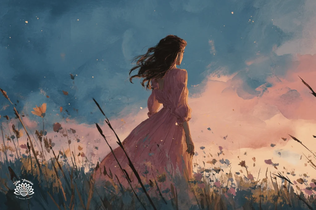 What is the Spiritual Meaning of a Blue Moon? Image of a woman in a flowing pink dress standing in a field of wildflowers at sunset and symbolizes her experiencing her own joy and pleasure. This matches the spiritual intentions of the blue moon in 2026. The sky is a watercolor wash of blue and pink.