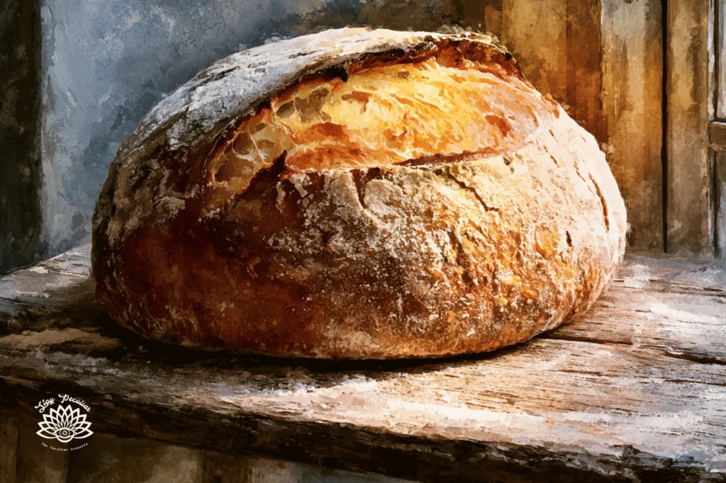 What's the Difference Between Lammas and Lughnasadh; image of freshly baked sourdough loaf resting on a wooden table in the morning sun.