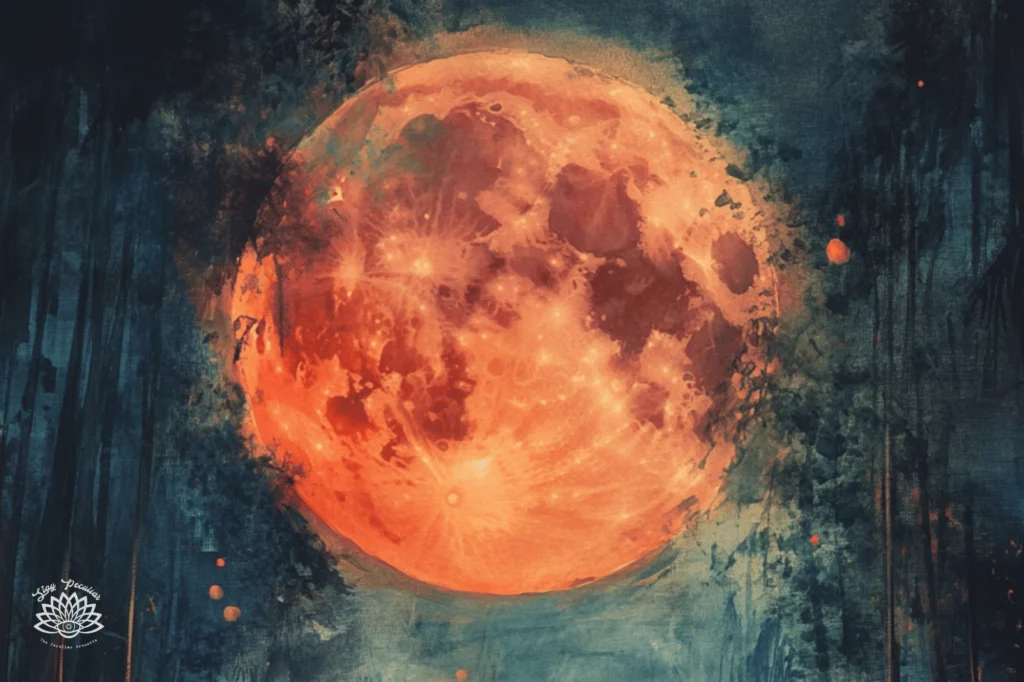 When Is the September Full Moon; image of an orange harvest moon watercolor shining brightly in the night sky.
