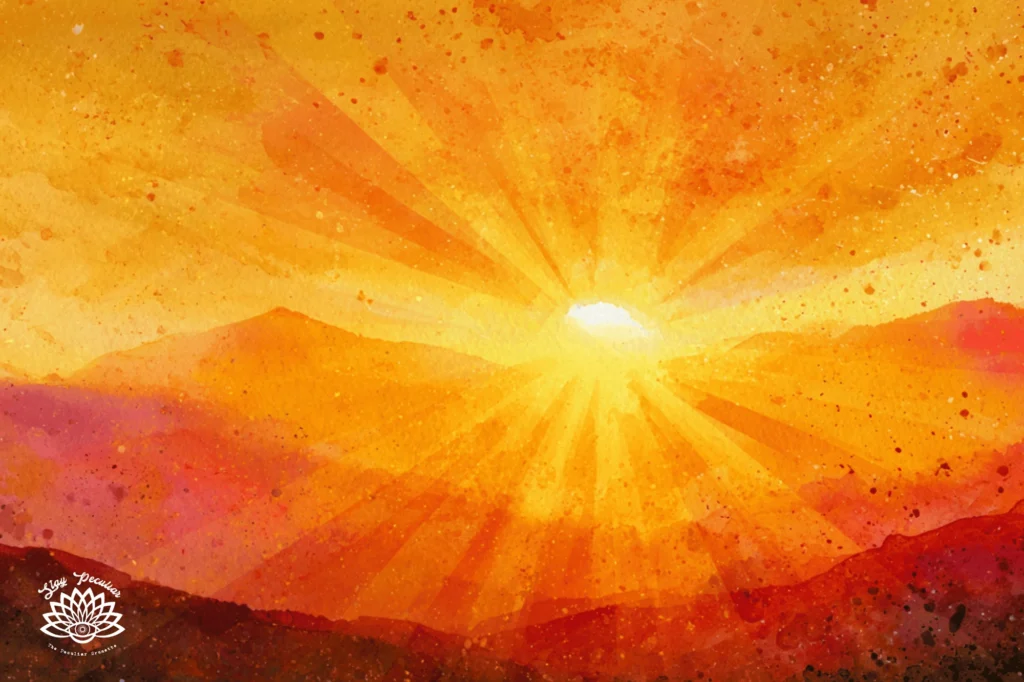 When is Litha, glorious summer sun rising over hill tops filling the sky with its rays of orange, golden yellow, and red.