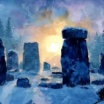 Ancient Druid stone circle during early morning light as the sun begins to rise in the sky on Winter Solstice