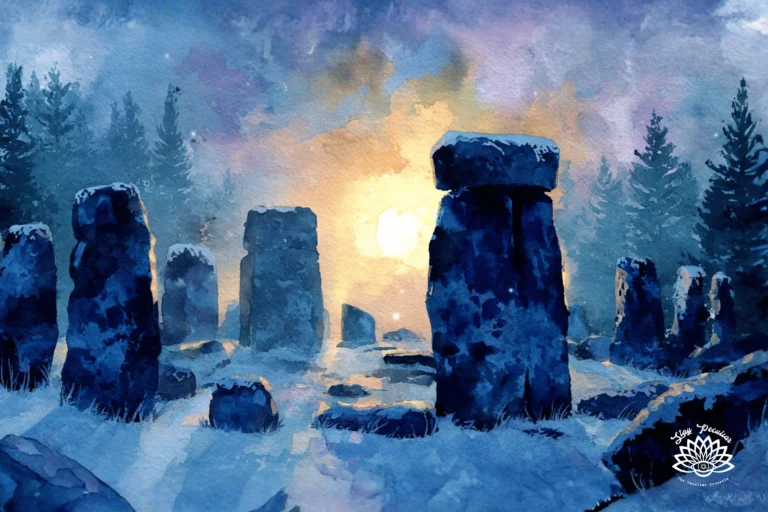 Ancient Druid stone circle during early morning light as the sun begins to rise in the sky on Winter Solstice
