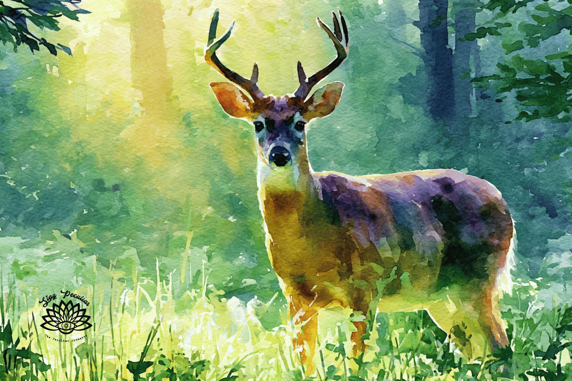 When is the Buck Moon; image of buck deer in a lush green forest with golden sunlight.