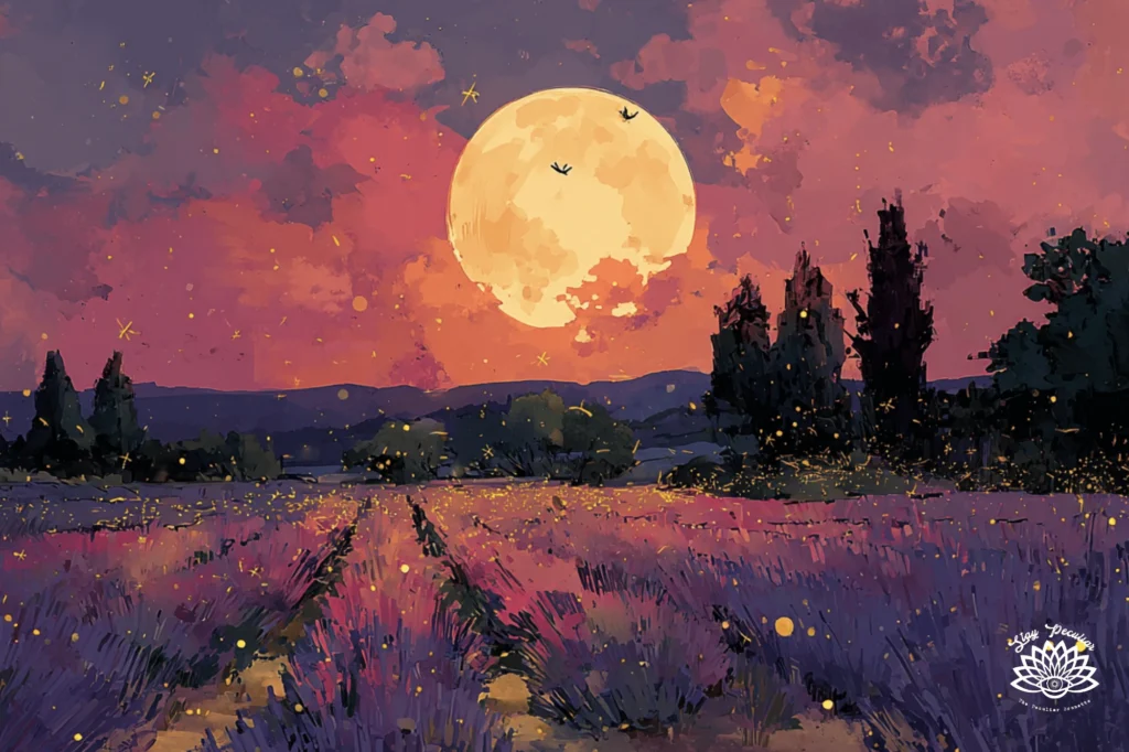 When is the Strawberry Moon 2026? Watercolor landscape image of june's full moon shining over a field of lavender in the night sky.