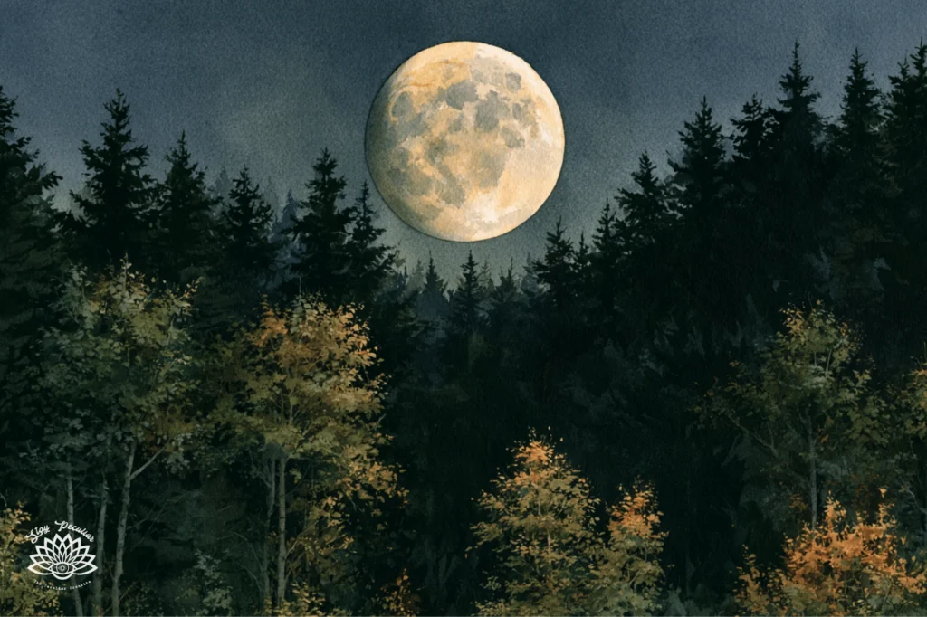 Why Is Septembers Full Moon Called the Harvest Moon; image of a huge luminous harvest moon in the night sky. Below it is a vast evergreen forest dotted with deciduous tree speckled with gold and orange.
