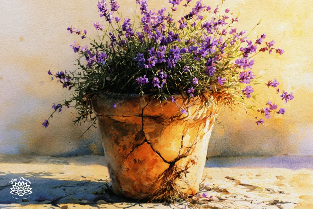 Watercolor illustration of blooming lavender overflowing from a cracked terracotta pot. The image symbolizes personal growth, new beginnings, and outgrowing old circumstances, reflecting the meaning of Angel Number 1122