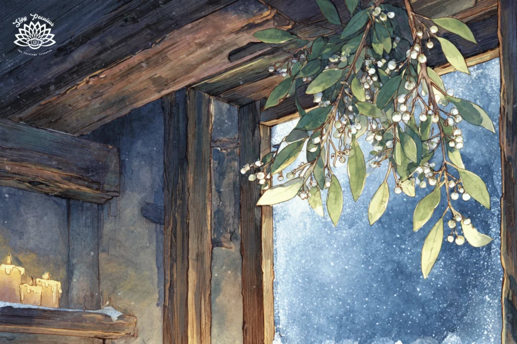 Winter Solstice Mistletoe hanging from a cozy cabin doorway on winter solstice. White candles light the space.