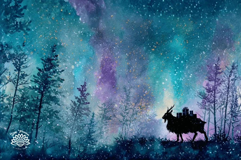 Silhouette of a Yule Goat on Winter Solstice night walking through a forest with a twinkling night sky above.
