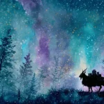 Silhouette of a Yule Goat on Winter Solstice night walking through a forest with a twinkling night sky above.