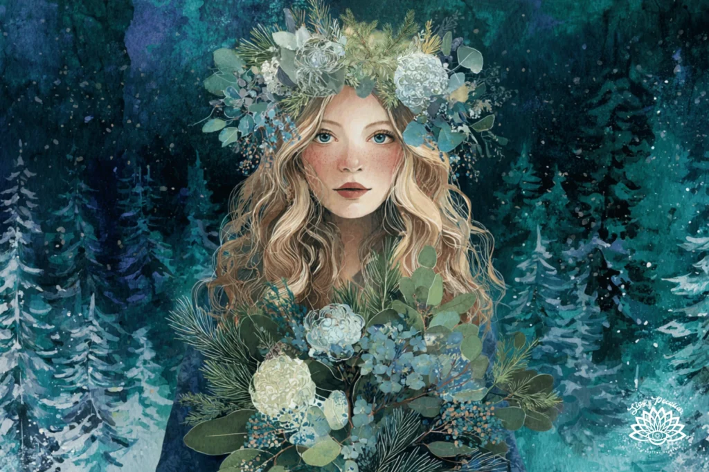 Winter Solstice Goddess during Yuletide with long wavy blonde hair. She's holding various winter greenery representing the correspondences. At her back is a dark snowy winter evergreen forest.