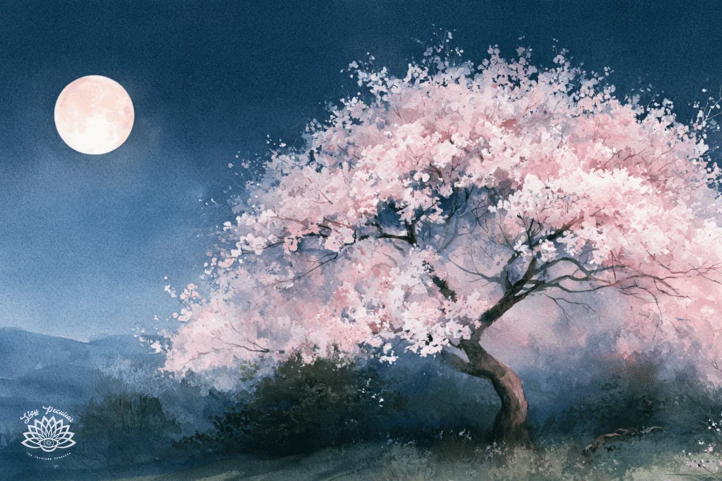 History and Origins of Moon Magic: image of a large cherry blossom tree blooming during spring beneath a bright full moon of magic
