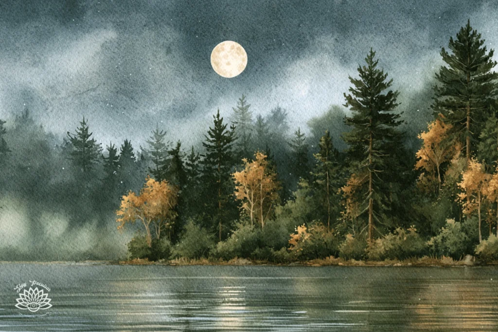 How To Practice Moon Magic: Image of an autumn lake landscape beneath a bright full moon