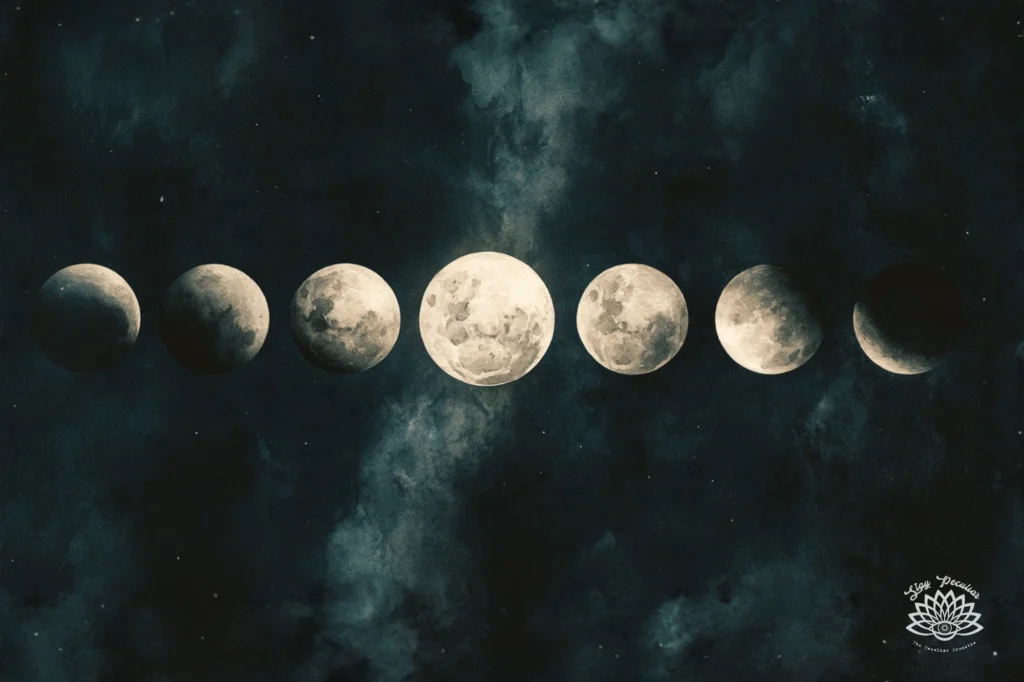 Moon Magic Meaning, Moon Phases, and How to Practice: image showing moon phases including: Waxing Crescent, First Quarter, Full Moon, Waning Crescent and Last Quarter.