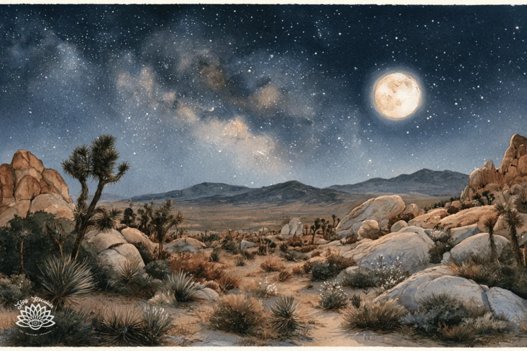 Moon Phases and Their Meanings in Witchcraft: image of a hot summer night around Joshua Tree California beneath a bright full moon