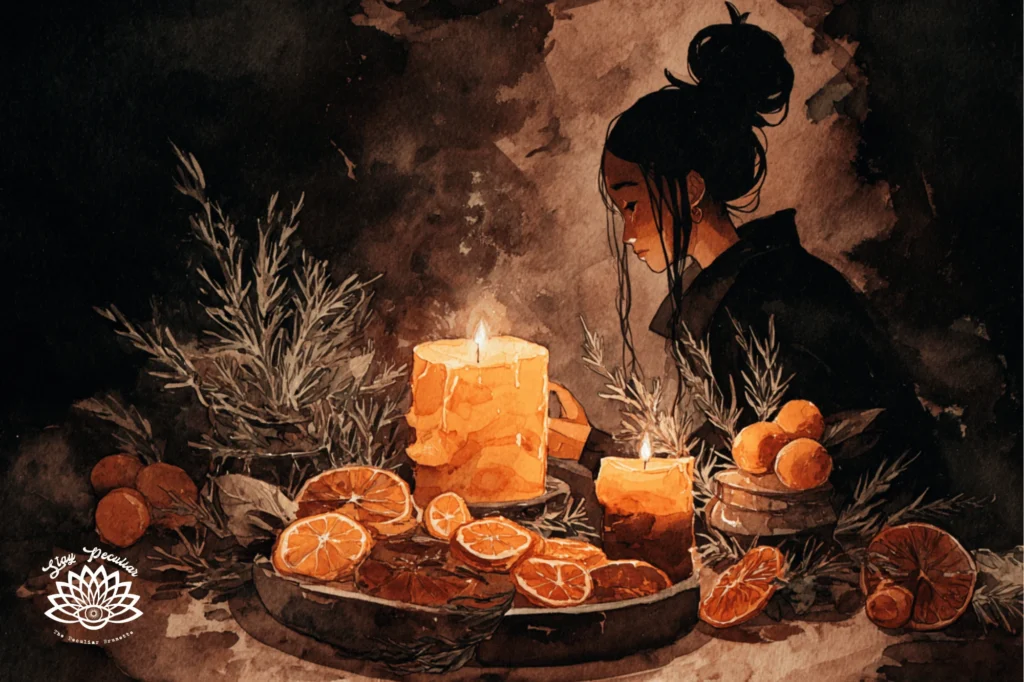 Witch casting an Orange Candle Spell and Ritual with rosemary and dried orange slices on her altar